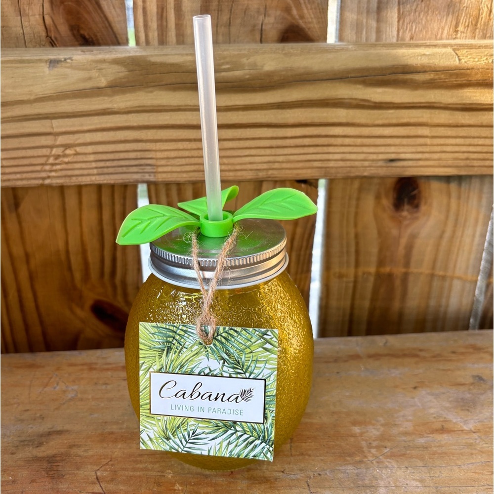 Cabana Yellow Lemon Shaped Mason Jar Drinking Glass with Lid & Straw 20oz
